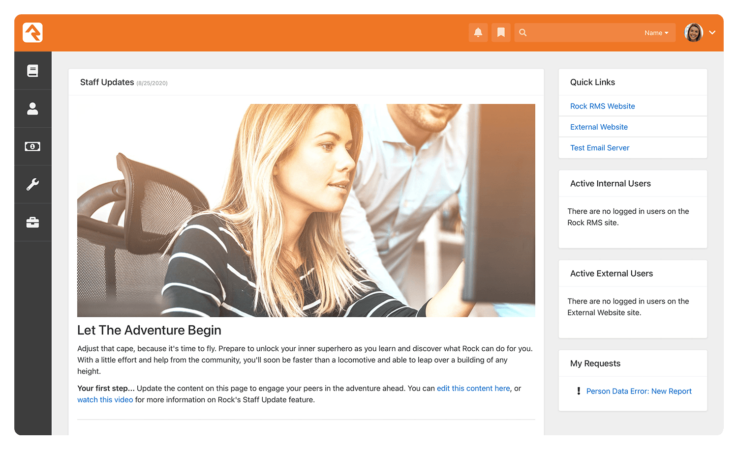 Rock RMS dashboard on the homepage