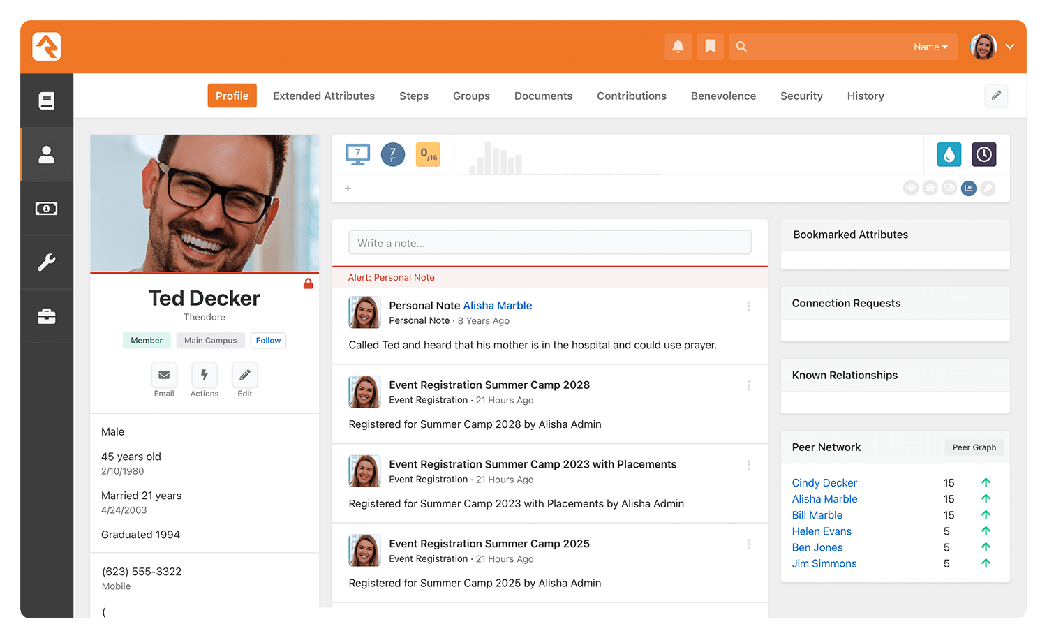 Rock RMS dashboard with a person's profile page