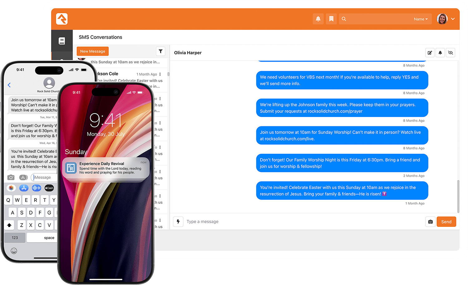 Two smartphones and a Rock RMS dashboard