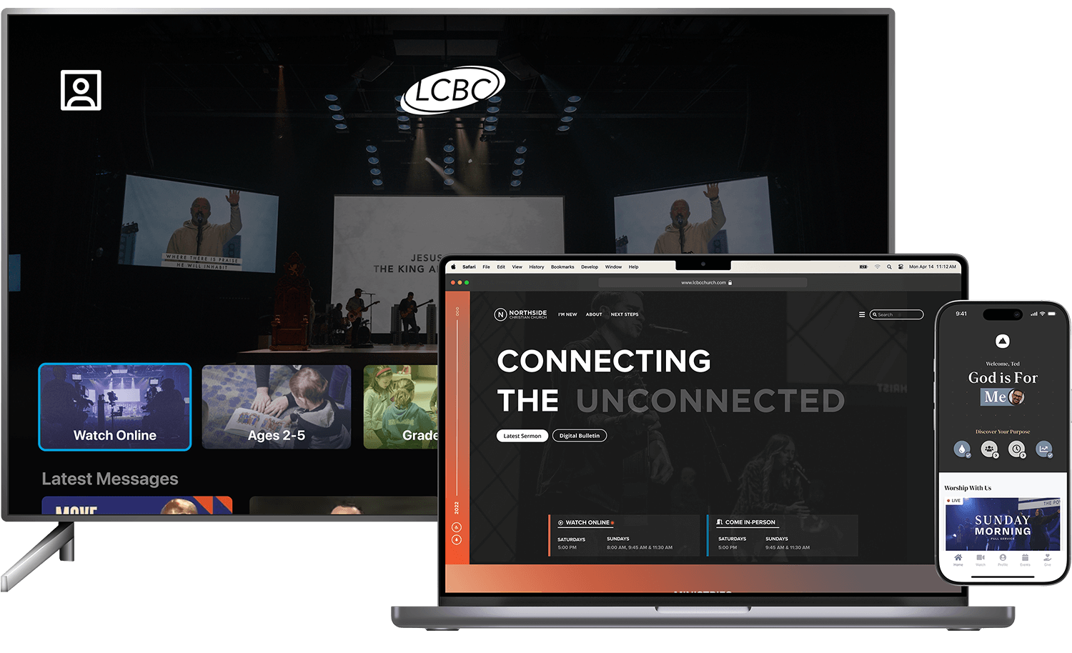 A TV, laptop and smartphone showing apps built on Rock RMS